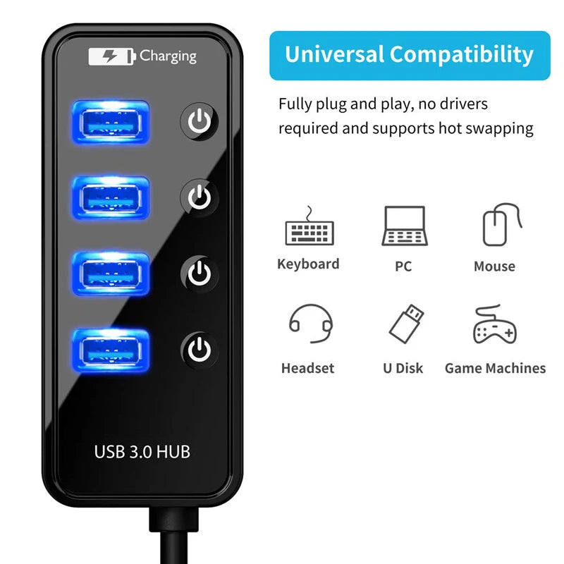 USB 3.0 4-Port Hub with Power Adapter